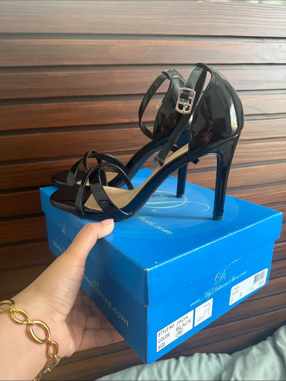 Black Patent Ankle-Strap Stiletto Sandals